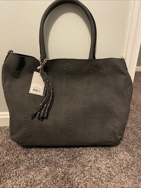 Deux Lux Black Faux-Snake Tote with Tassel Charm
